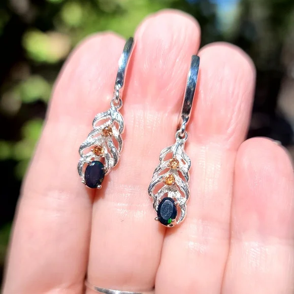 Black Opal Citrine Sterling feather 🪶 earrings